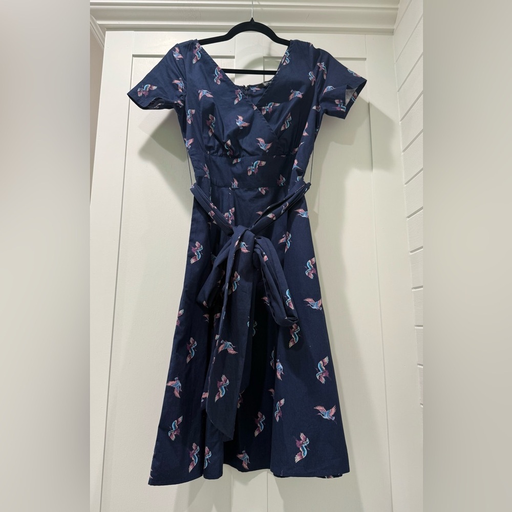 eShakti Navy Bird Print Cotton Poplin Surplice Dress‎